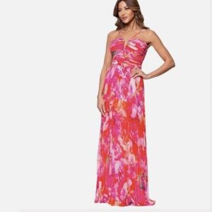 Xscape Pink Accordion Pleated Floral Colorful Evening Gown Formal Dress Nwt